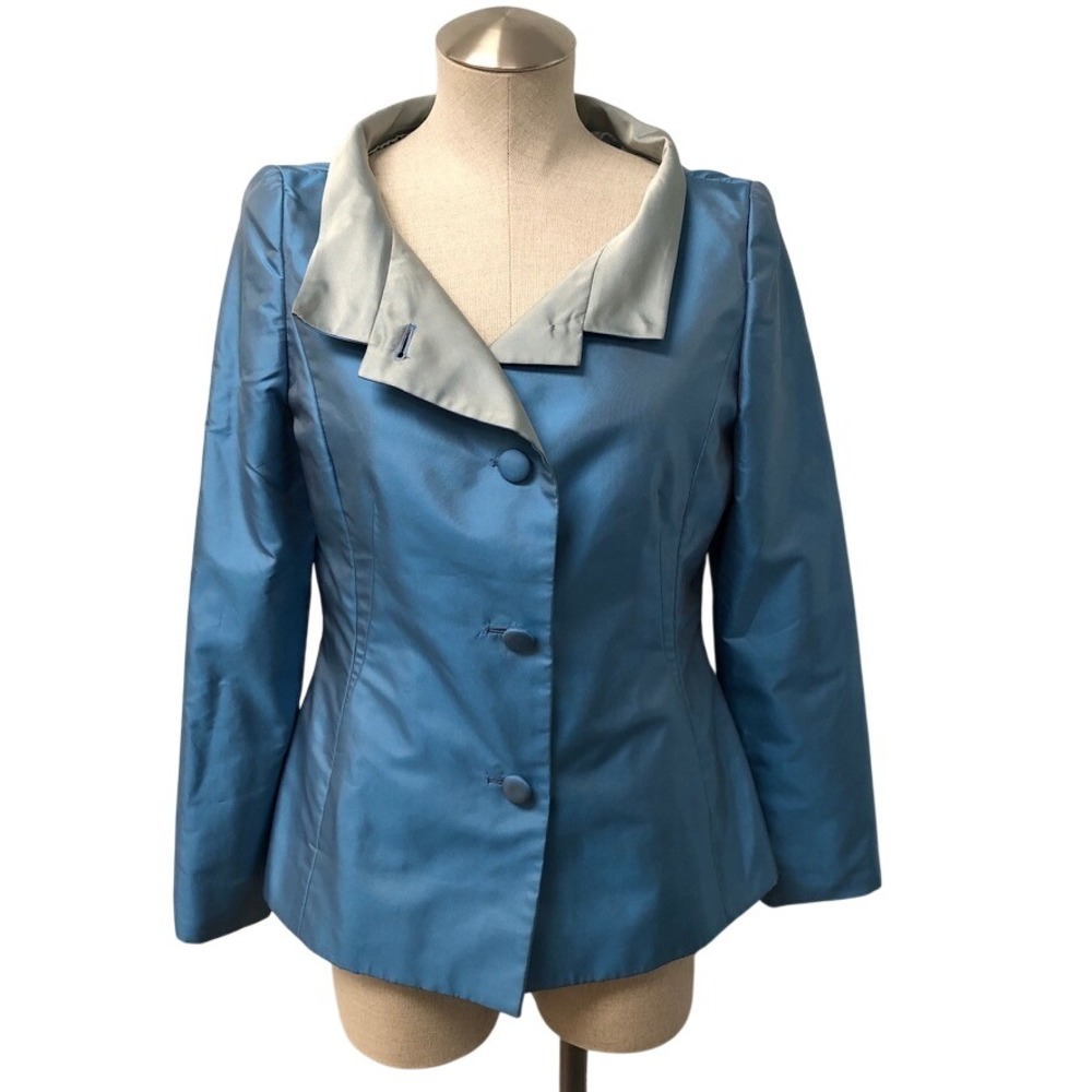 Carolina Herrera Blazer Womens 10 Blue Silk Contrast Collar Made in USA